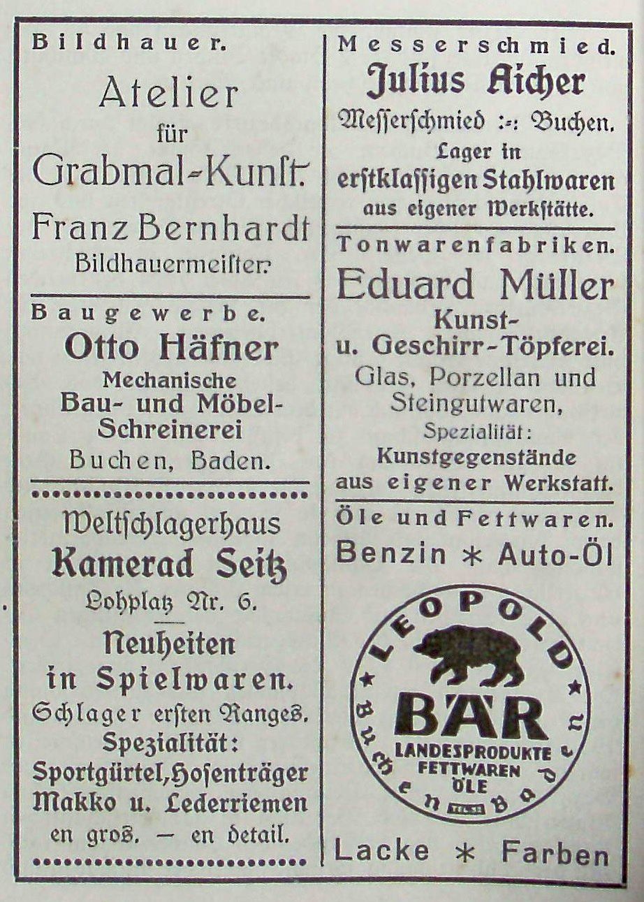 Anzeige des Bär`schen Geschäftes in einem Adressbuch um 1920. (Repro: Stadtarchiv Buchen)