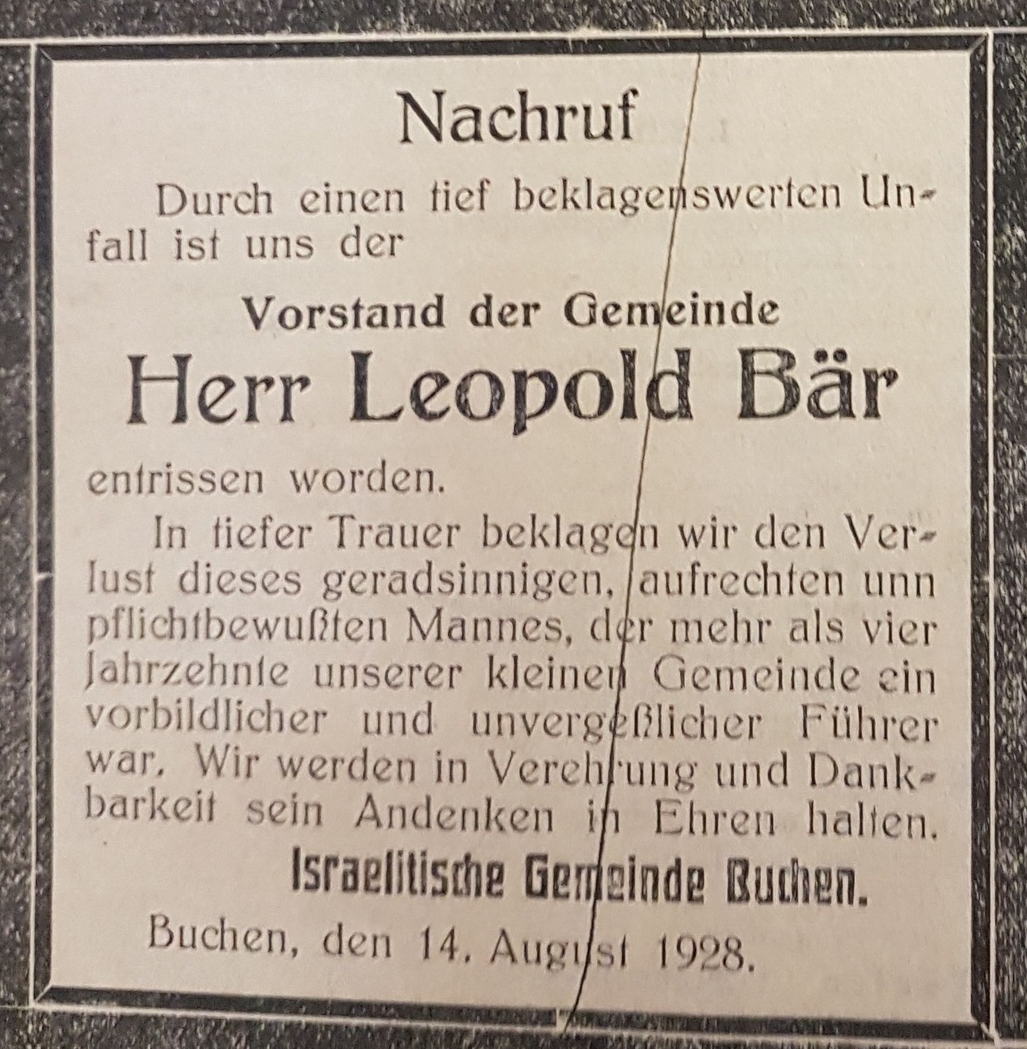 Traueranzeige für Leopold Bär von der israelitischen Gemeinde Buchen. (Repro: Stadtarchiv Buchen)