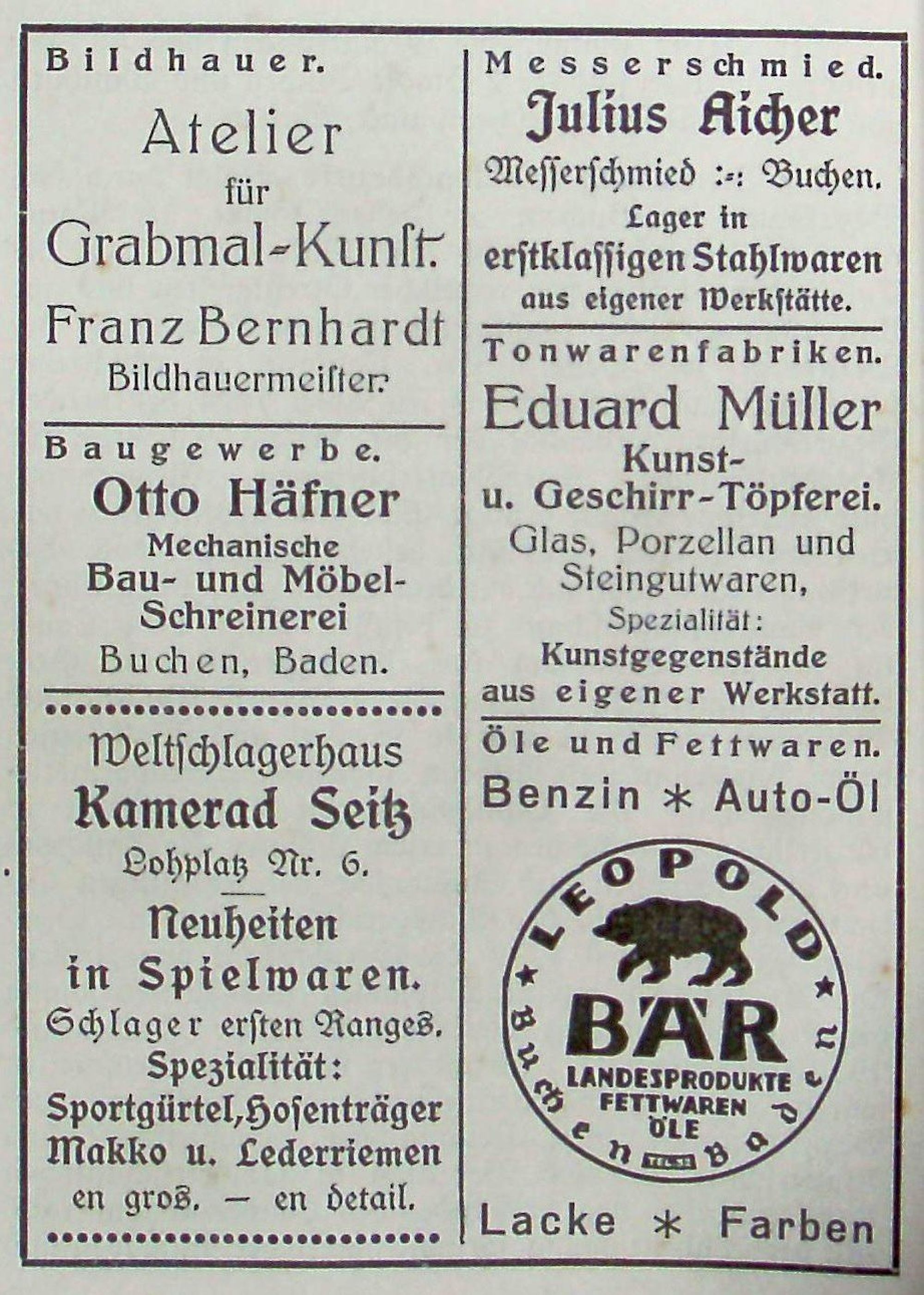 Anzeige des Bär`schen Geschäftes in einem Adressbuch um 1920. (Repro: Stadtarchiv Buchen)