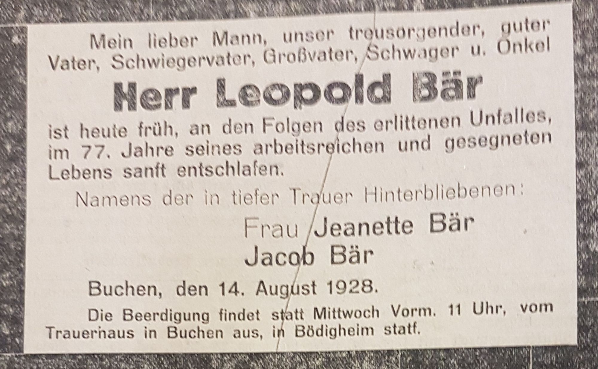 Trauerzeige für Leopold Bär von seiner Familie. (Repro: Stadtarchiv Buchen)