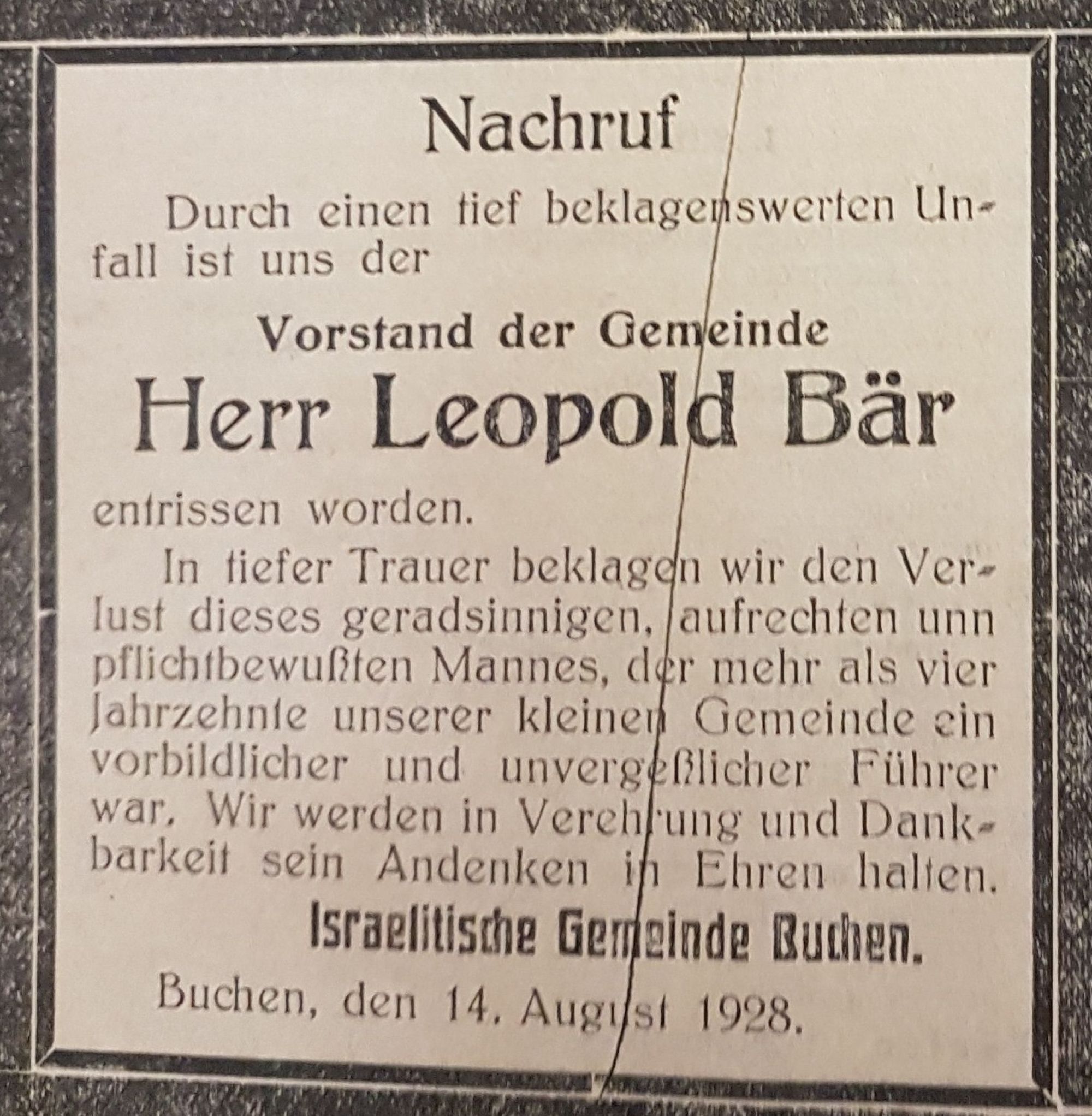 Traueranzeige für Leopold Bär von der israelitischen Gemeinde Buchen. (Repro: Stadtarchiv Buchen)